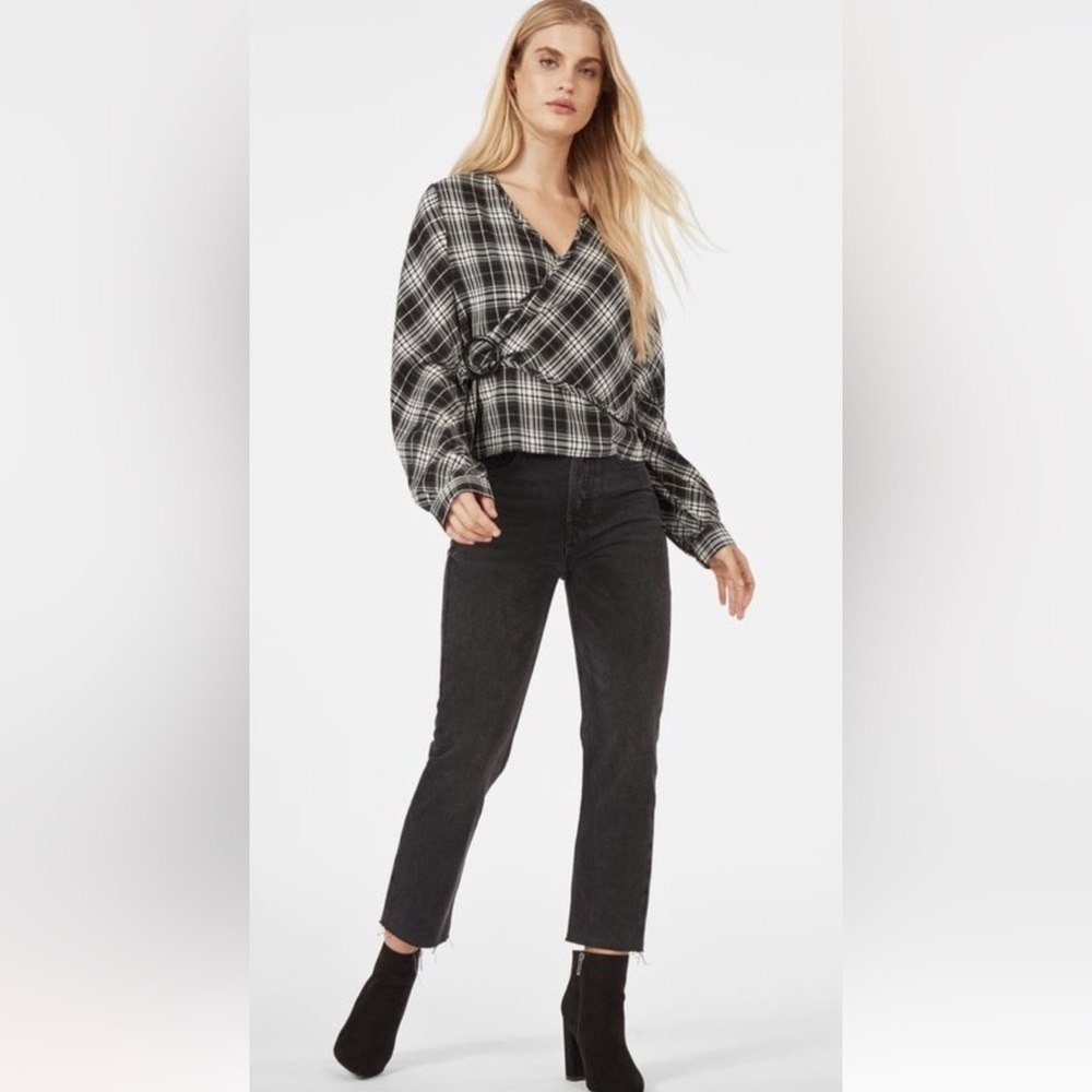 Love+Harmony Plaid Surplice Top L Black/White Cotton Wrap Style Long Sleeves